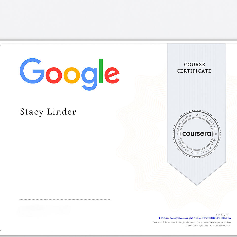 Google Digital Marketing & E-commerce certificate awarded to Stacy Linder through Coursera, showcasing official completion of a certified training program in online business strategy and marketing.